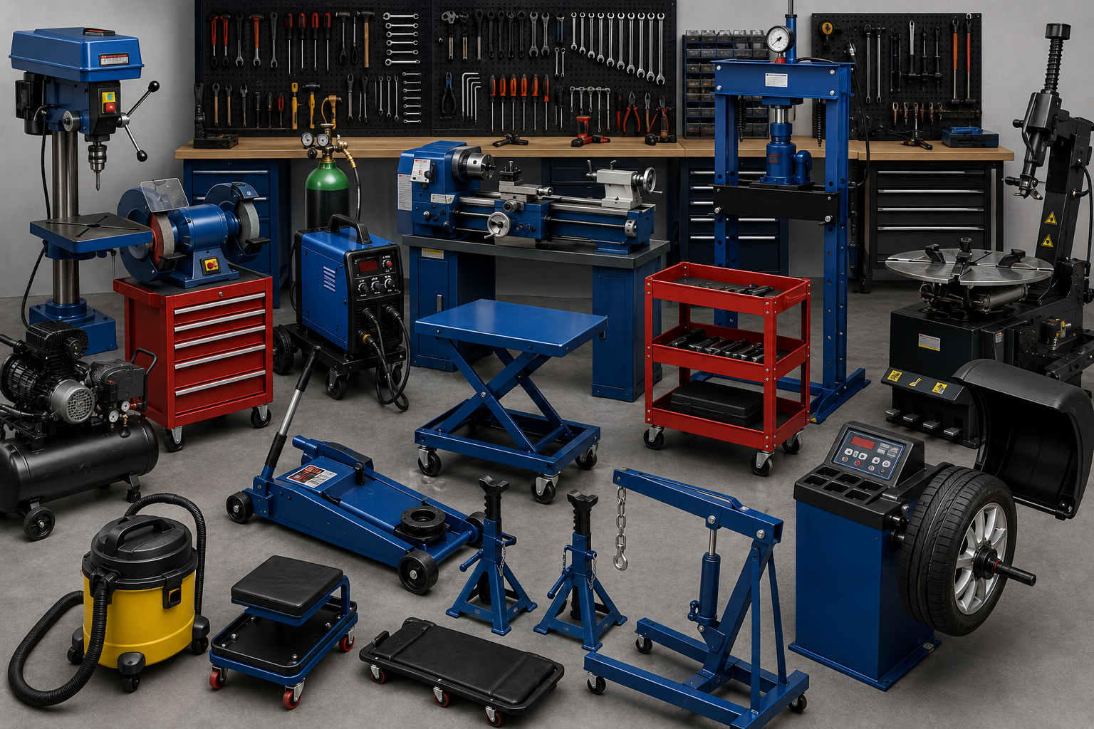 Workshop Equipment - Hydraulic jacks, compressors, and tool cabinets